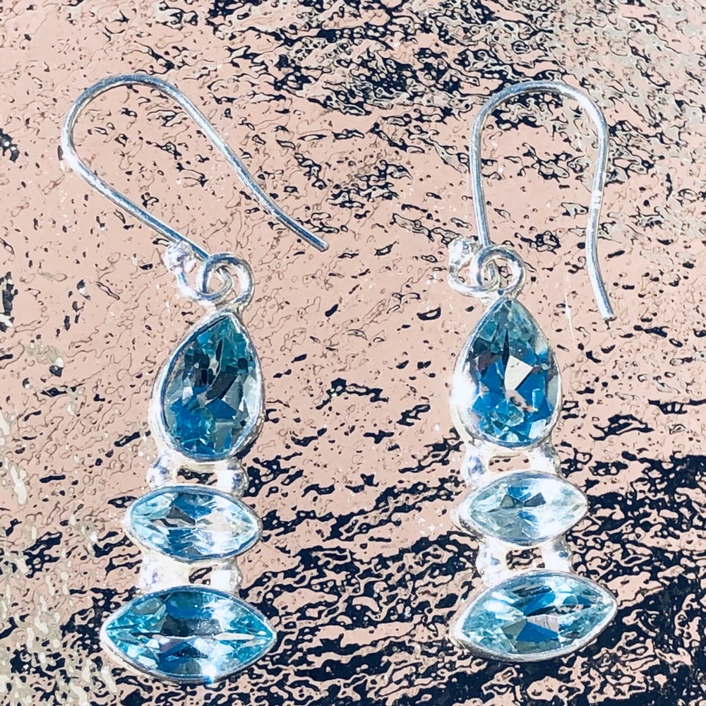 NEW!Genuine blue topaz Sterling dangle earring pierced - Picture 4 of 7